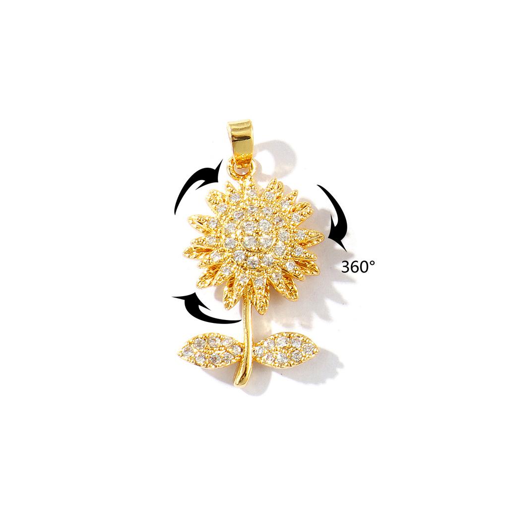 1 Piece Brass & Rhinestone Charms 18K Gold Plated Flower Rotatable Sunflower Daisy Pendants For DIY Necklace Jewelry Making