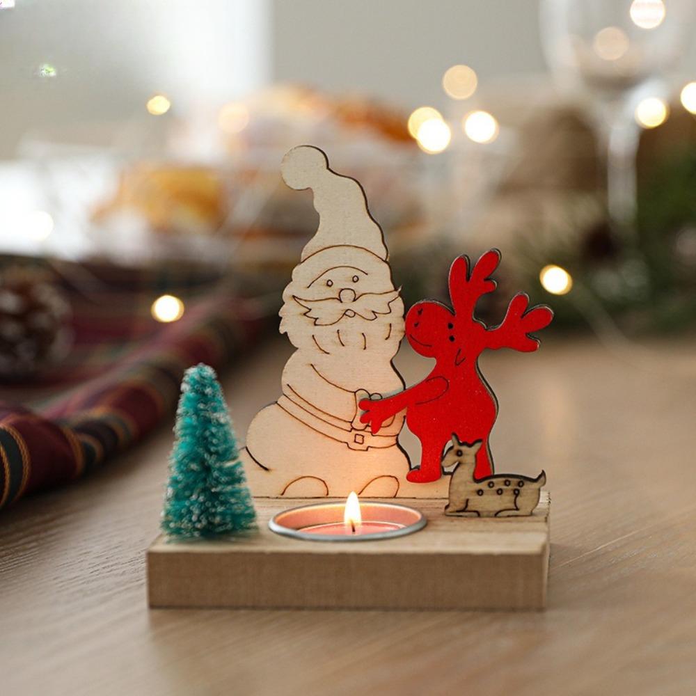 Christmas Candlestick Santa Claus Decoration Elk Nordic Style Creative Wooden House Desktop Candle Holder Decorative Ornaments