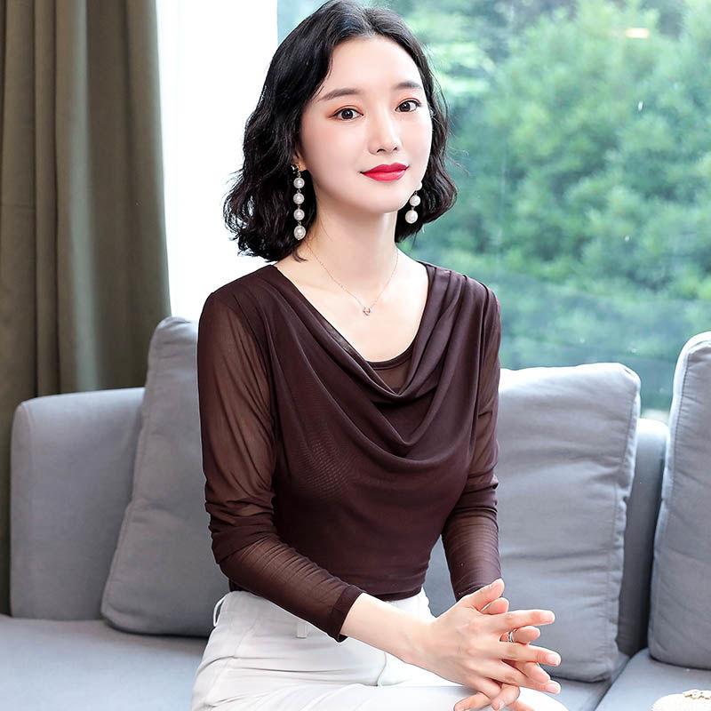 Fashion Women Spring Autumn Thin Mesh Blouse Stacked Neck Slim Fit Long Sleeve Base Layer T Shirt