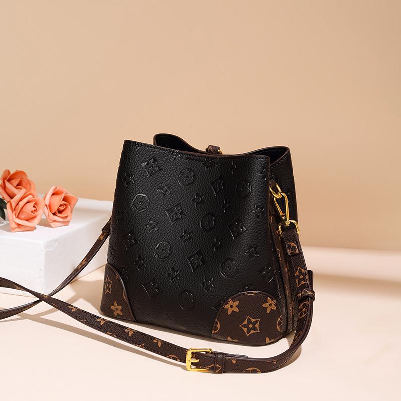 "Celebrity Fashion Embossed Crossbody Bucket Bag - Large Capacity, Retro Classic Print Handbag"