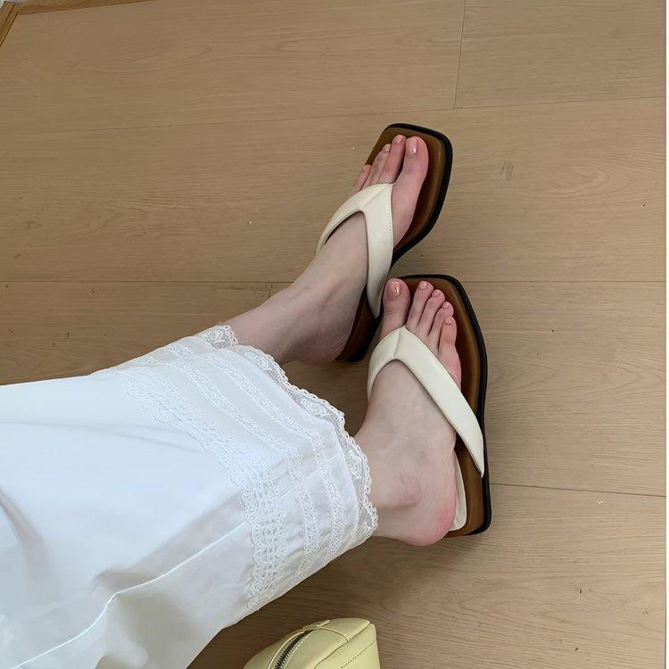 Spring and Summer Square Head Light Mouth Slippers Thick Heel Temperament Korean Version Casual Wedge Heel Sandals Fashion Women's Shoes Pinch Flip-fl