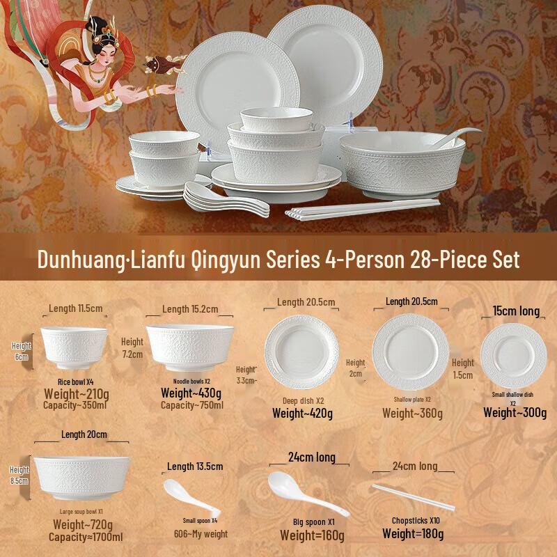 AIQI Yixuan Jingdezhen Underglaze Ceramic Dinnerware Set - Lotus Rhyme Dunhuang Design 4-person 28-piece set