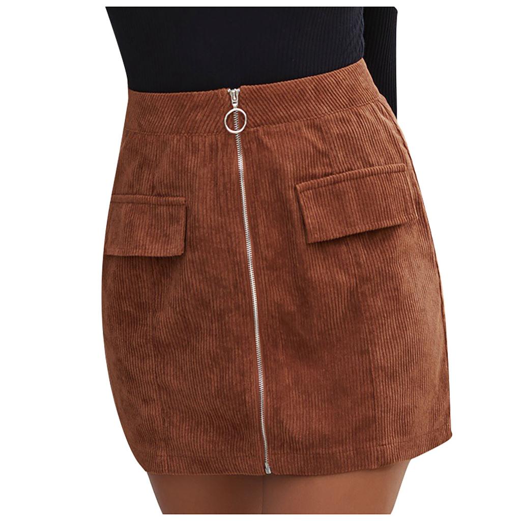 Women Fashion Color Zip Skirt Corduroy Short A-line Skirt