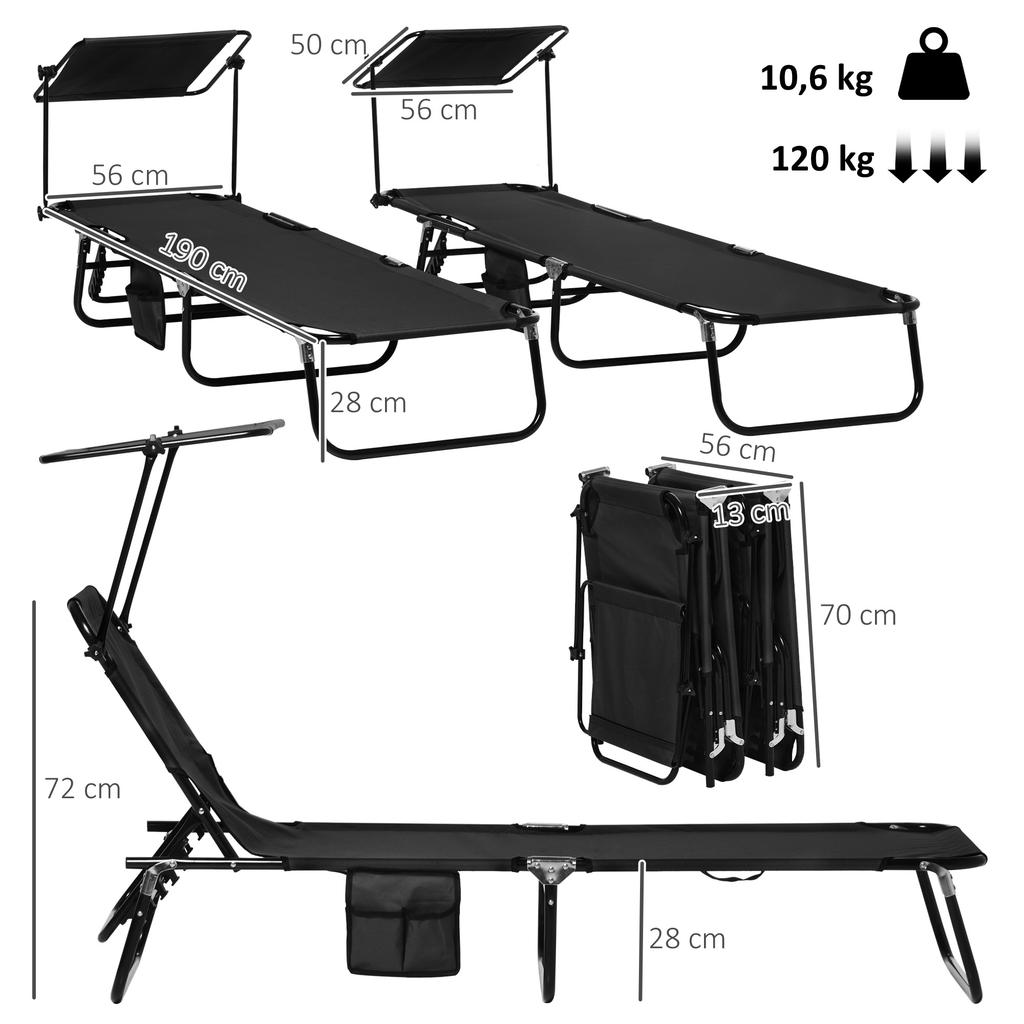 Set of Two Folding Sun Loungers. with Adjustable Backs and Sun Canopies - Black