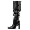 Women Pleated Patent Leather High Thick Heel Long Boots for Office Nightclub Party Wedding Banquet Catwalk Show Botas De Mujer