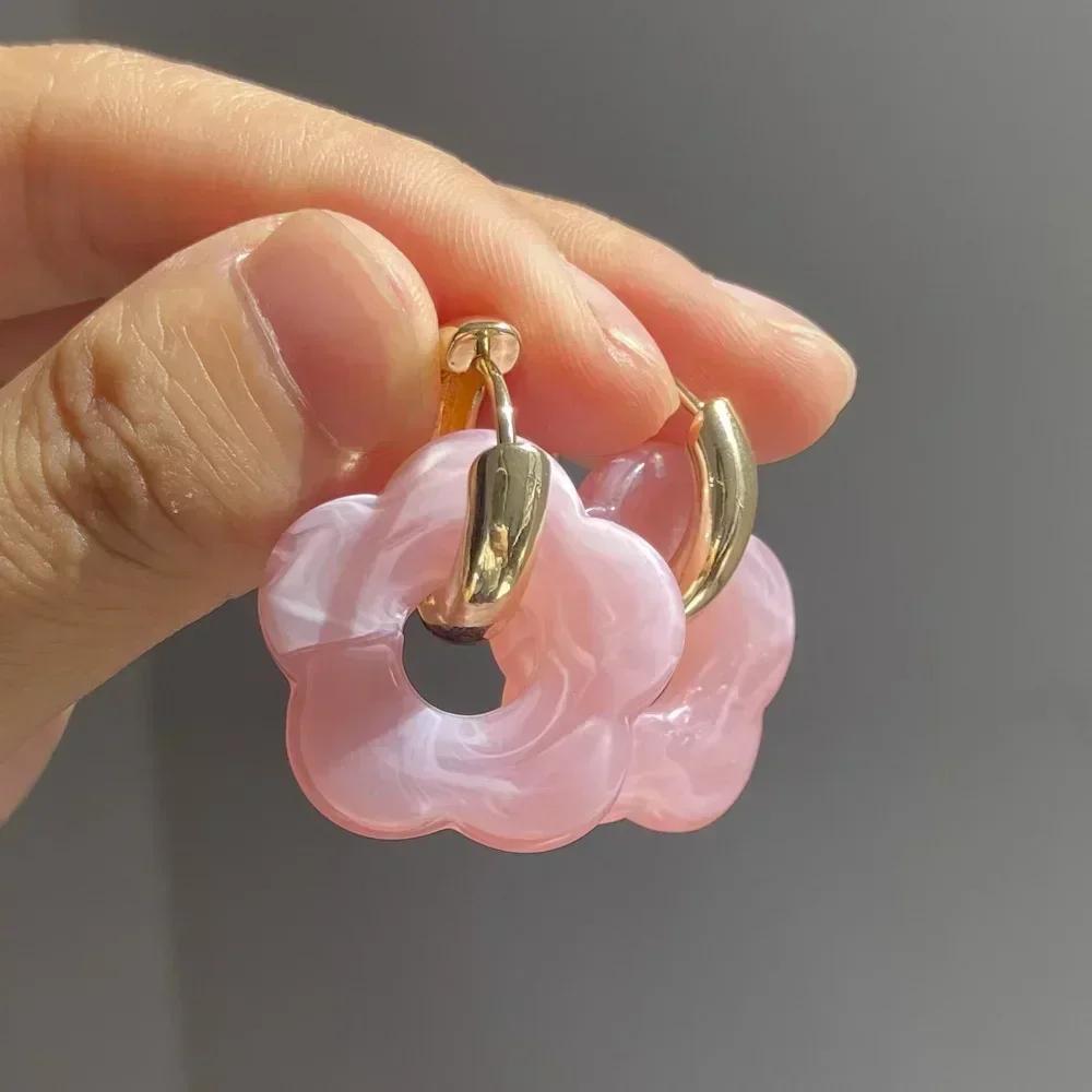 Candy Color Fashion Girl's Transparent Acrylic Resin Marbling Flower Earrings Gold Color Hoop Earings Jewelry Accessories Gifts