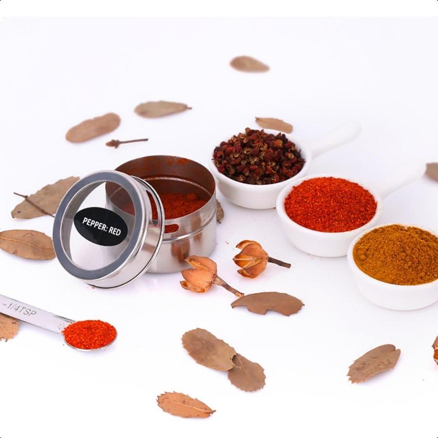 

16 Магнитных баночек для специй 200 Этикеток для специй 4 Мерные ложки из нержавеющей стали Магнитные контейнеры для специй Органайзер Хранение Приправы United States