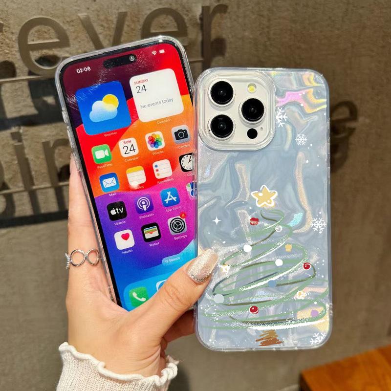 Cartoon Christmas Tree Pattern Phone Case For iPhone 17 Air 16e 16 15 14 Pro Max 13 17 Pro Max Shockproof TPU Hybrid Hard PC Phone Cover