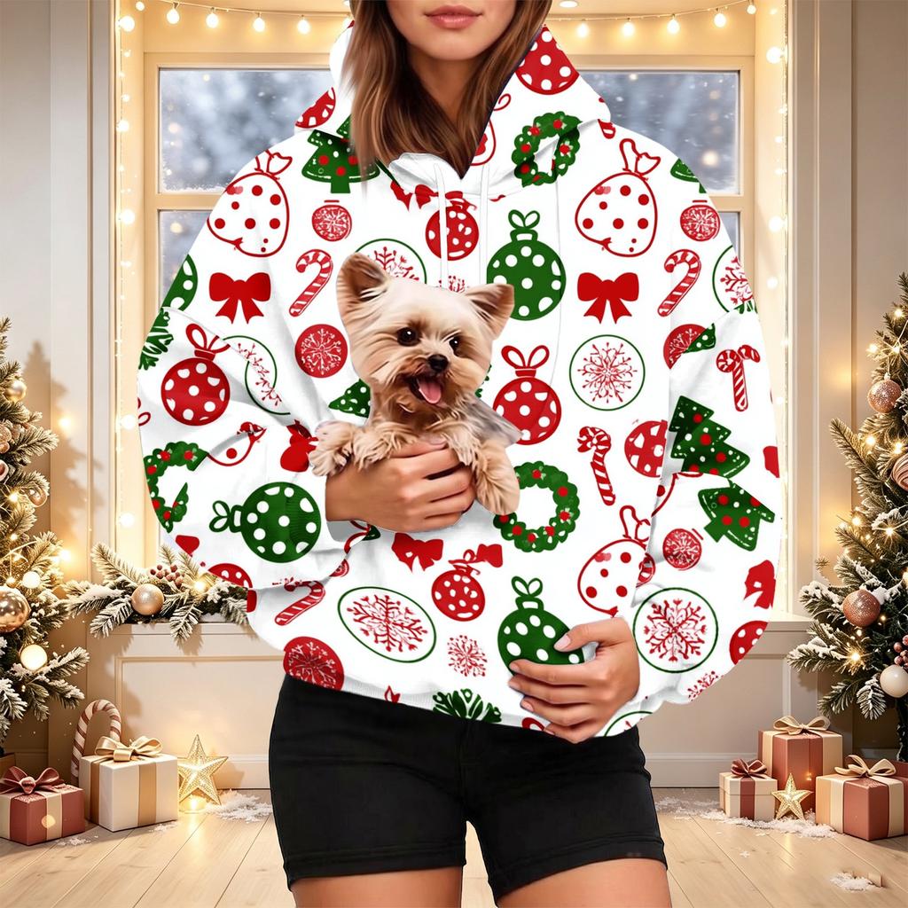 Damen Mode Weihnachtsdruck Hoodie mit Haustier-Tasche, Lässiger Pullover für Feiertagskleidung