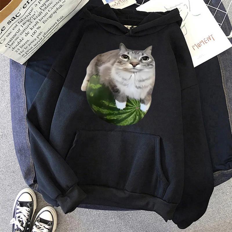 Sevimli Karpuz Kedi Aptal Kedi Mems Baskılı Kapüşonlular 90'lar Günlük Sweatshirtler Grafik Y2k Kapüşonlu Kadın Gotik Sokak Giyim