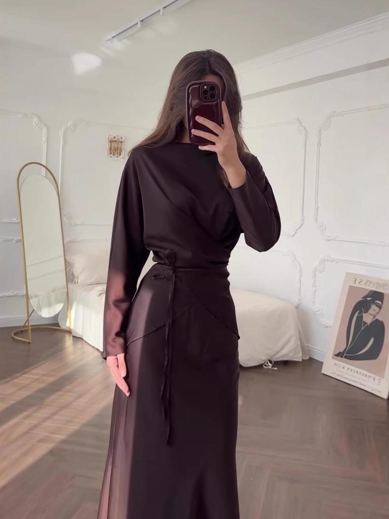 Damen Casual Mode Langarm Taillenbetonendes Oberteil & Fishtail Rock Set - Einfarbige