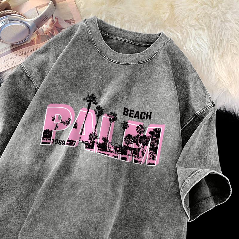 Palm Beach Print T-shirt Men Pink Letter Shirt Cotton Vintage Washed Tee Street Soft Comfort T-shirts Men Clothing