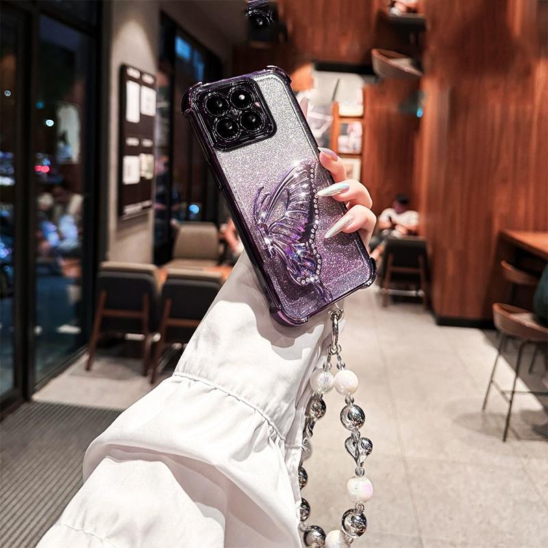 Shockproof Plating Glitter Butterfly Bracket Bracelet Case for iPhone 17 Air 16 15 14 13 12 11 17 Pro Max 16 Plus 16E Soft Cover