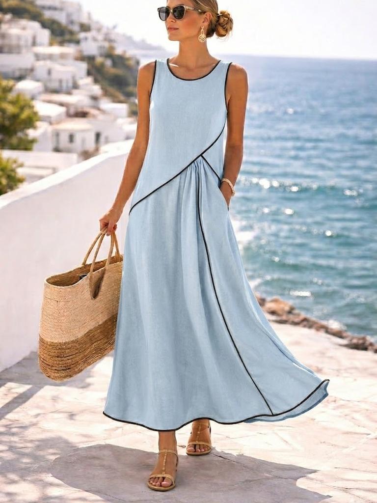 Summer New Women's Mediterranean Vacation Style Dress Women's Color Block Ruffled A-Line Dress