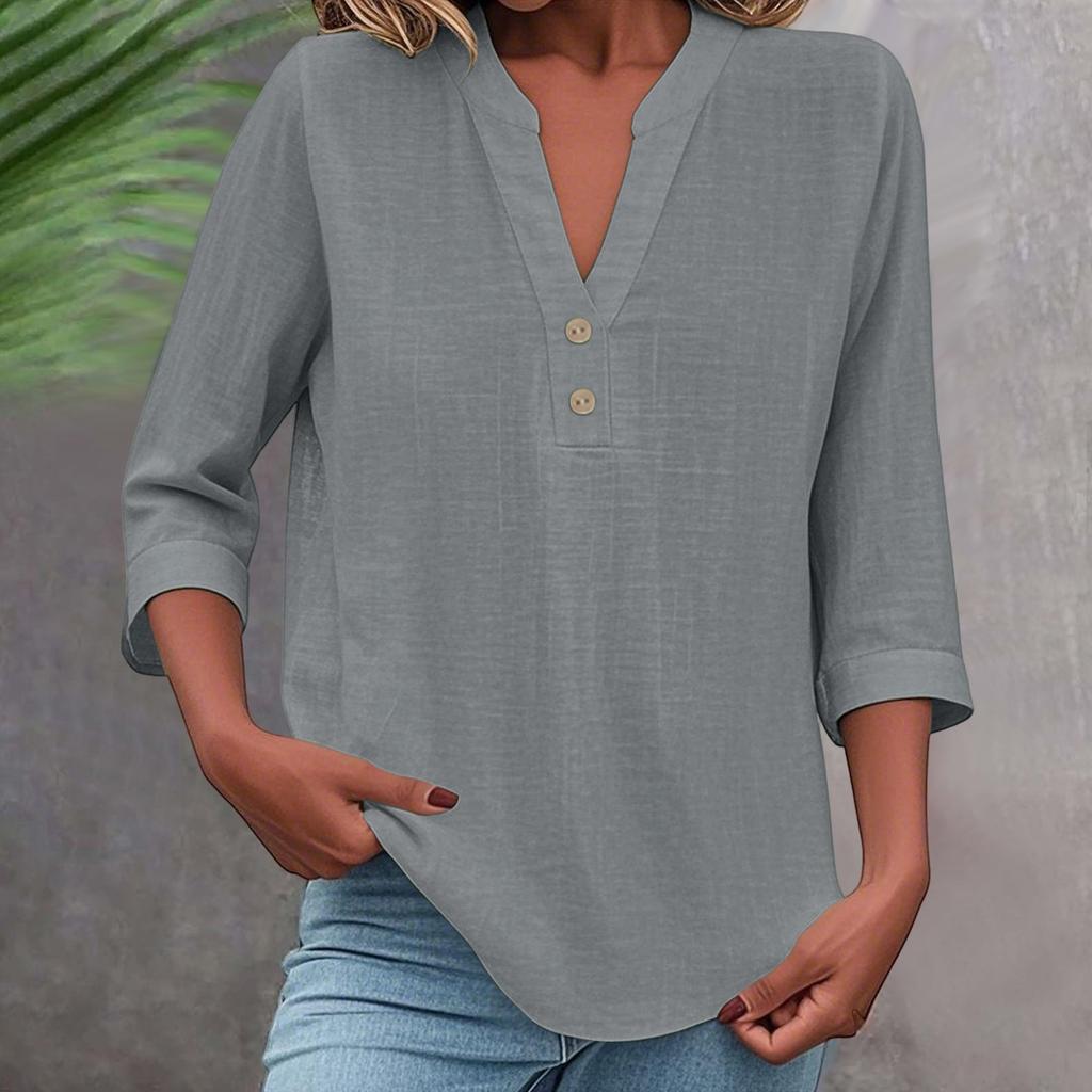 3/4 Sleeve Linen Tops For Women Loose Fit V Neck Button Down Shirts Cute Solid Summer Beach Tee Shirts