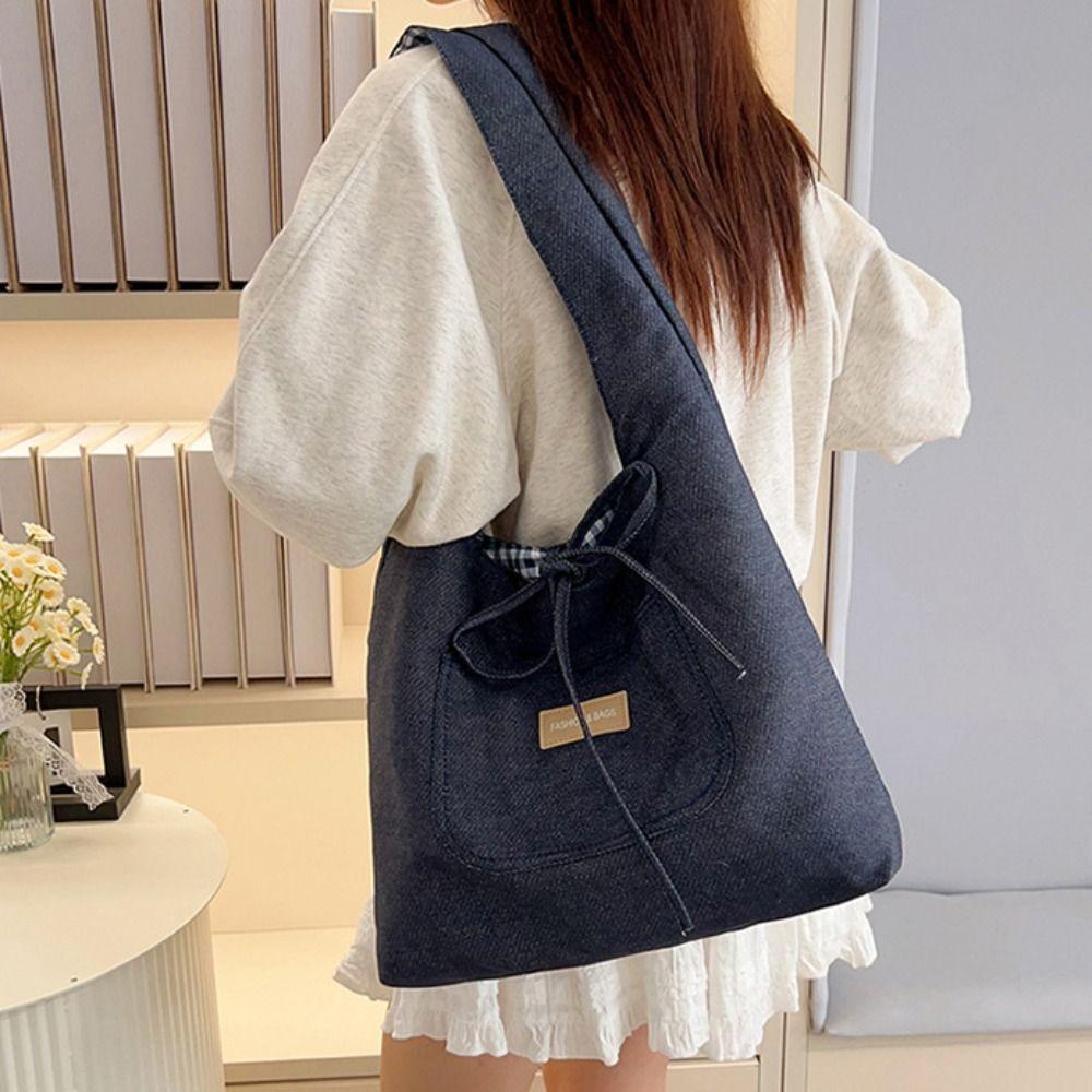 Lattice Denim Shoulder Bag Cloth Canvas Tote Bag Vintage Double Sided Plaid Denim Vest Bag  Women
