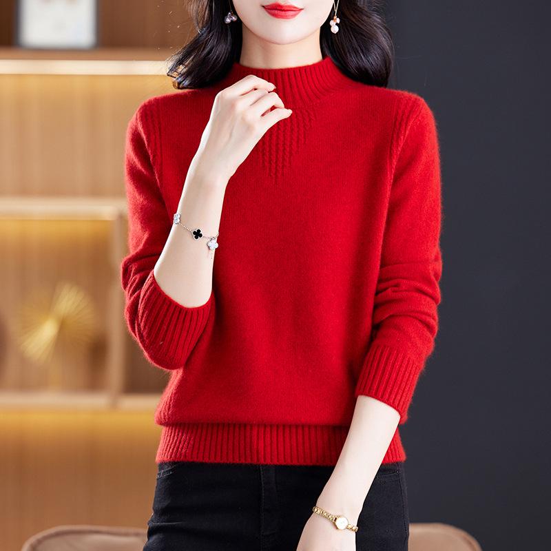 Women's Cashmere Wool Sweater - Autumn Winter, Warm Loose Fit, Half High Collar, Pure Color, Thickened Mother's Wear