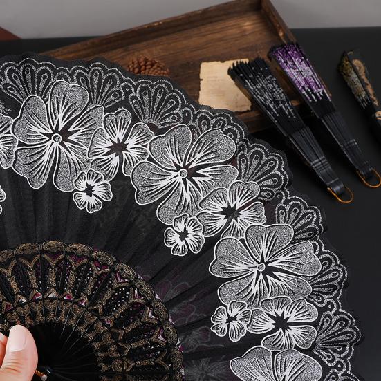 Floral Print Folding Fan Chinese Style Plastic Ribs Hand Held Fan Portable Summer Cooling Fan Dance Performance Party Props