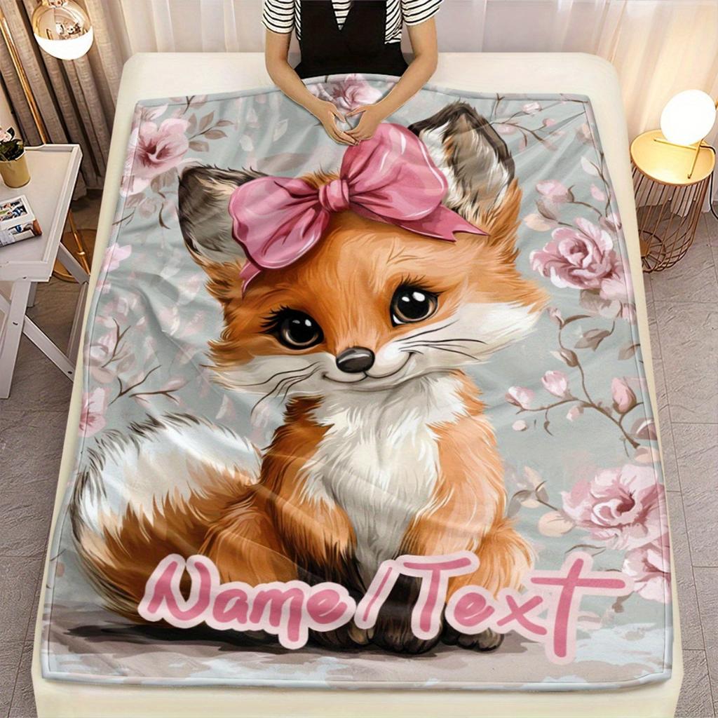 Custom Fox Fleece Blanket With Pink Bow Personalized Name Cute Animal Print Throw Soft Warm All Season Bedding Gift For Girls
