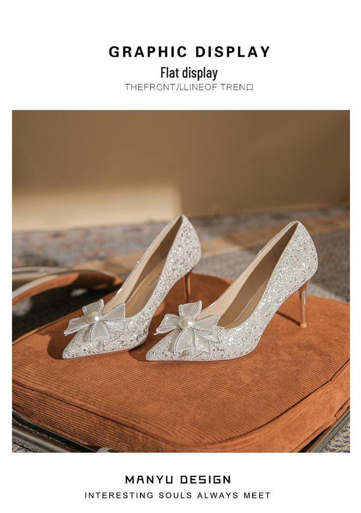 Champagne Gold Crystal Bow High Heels for Women - Elegant French Niche Bridal Shoes