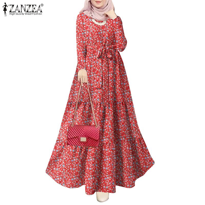 ZANZEA Women Casual Round Neck Loose Long Sleeve Floral Dress