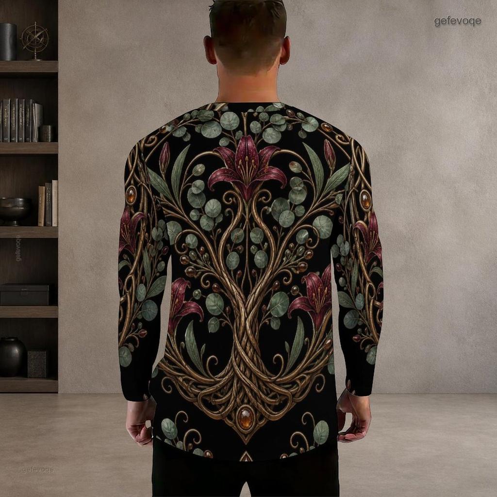 Men s Plus Size Round Neck Long Sleeve Black Golden Printed Straight Hem Pullover T Shirt