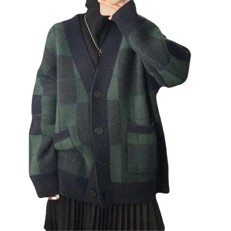 Autumn and Winter New V-neck Loose Double Pocket Fashion Plaid Knitted Cardigan Women's Retro Slim Sweater Jacket