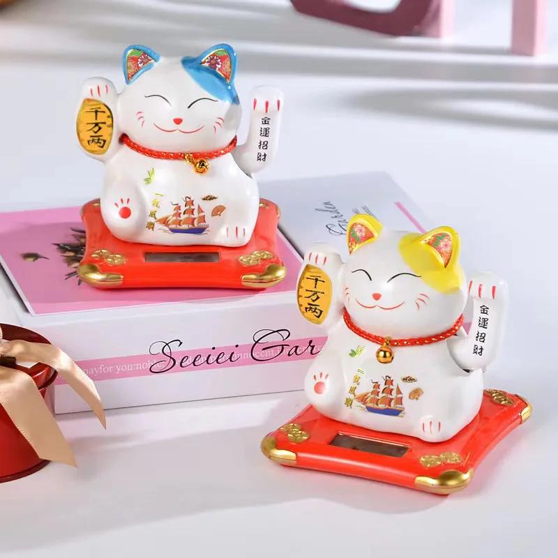 4.5 Inch Ceramic Beckoning Lucky Cat Solar Powered Fortune Cat Waving Arm Maneki Neko Gift Box Home Decoration Zen Centerpiece
