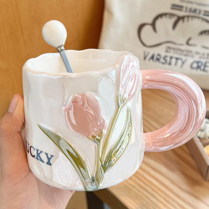High Value and Light Luxury Tulip Ceramic Cup Creative Flower Girls’ Home Drinking Water Cup Spoon