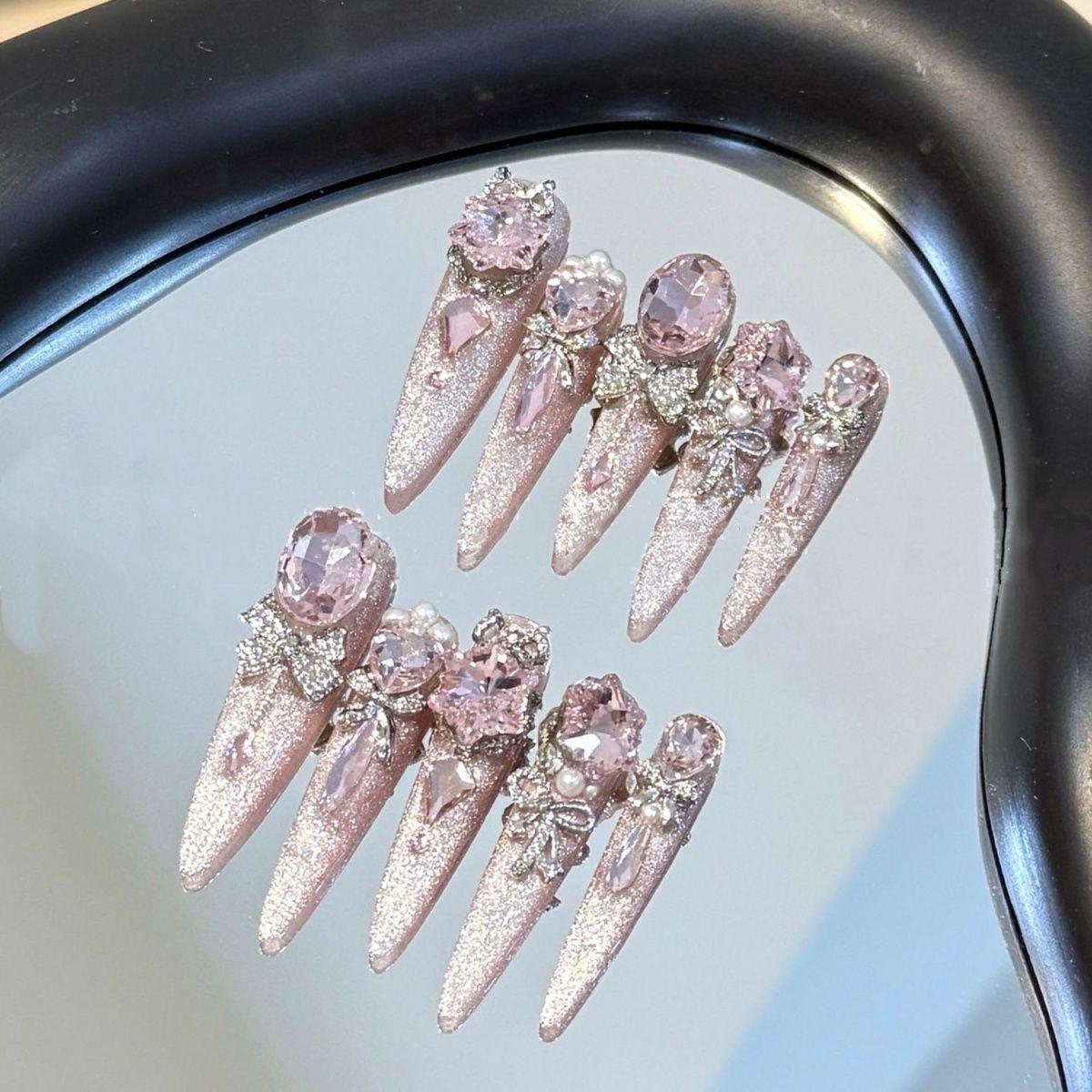 Sparkle Pigeon Egg Diamond Handmade Press On Nails, Luxury Gold Foil Water Drop False Nails, Reusable Heavy Duty Bling Fake Nails for Women, Small size xs