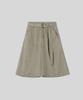 OCCUR Belted Washed Cotton Single-Pleat Bermuda Pants, Beige
