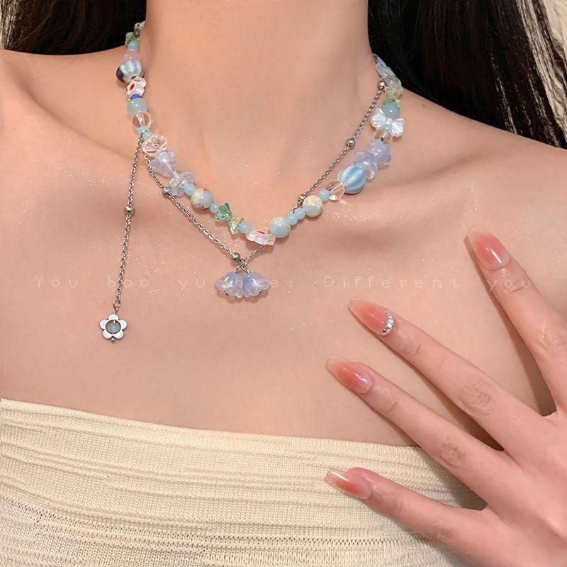 ~ Tassel Ice Crystal Butterfly Necklace Female Sweet Cool Spice Girl Necklace Design Sense Niche Clavicle Chain Female