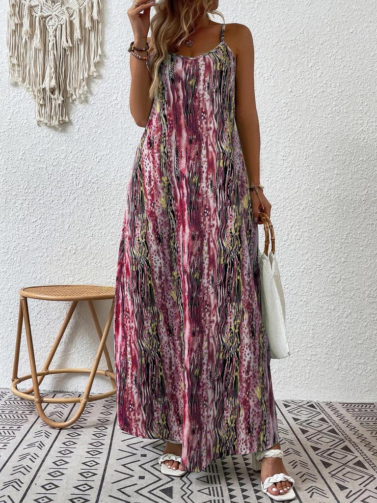 Women's Summer Boho Maxi Dress Spaghetti Strap Flowy Printed Plus Size Long Dress