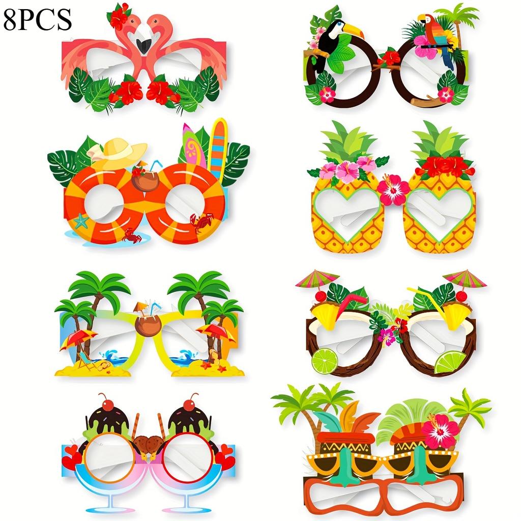 8PCS Beach Party Paper Glasses Prefer Hawaiian Party Glasses Tropical Party Photo Props Makeup Accessories Summer Beach Party Supplies