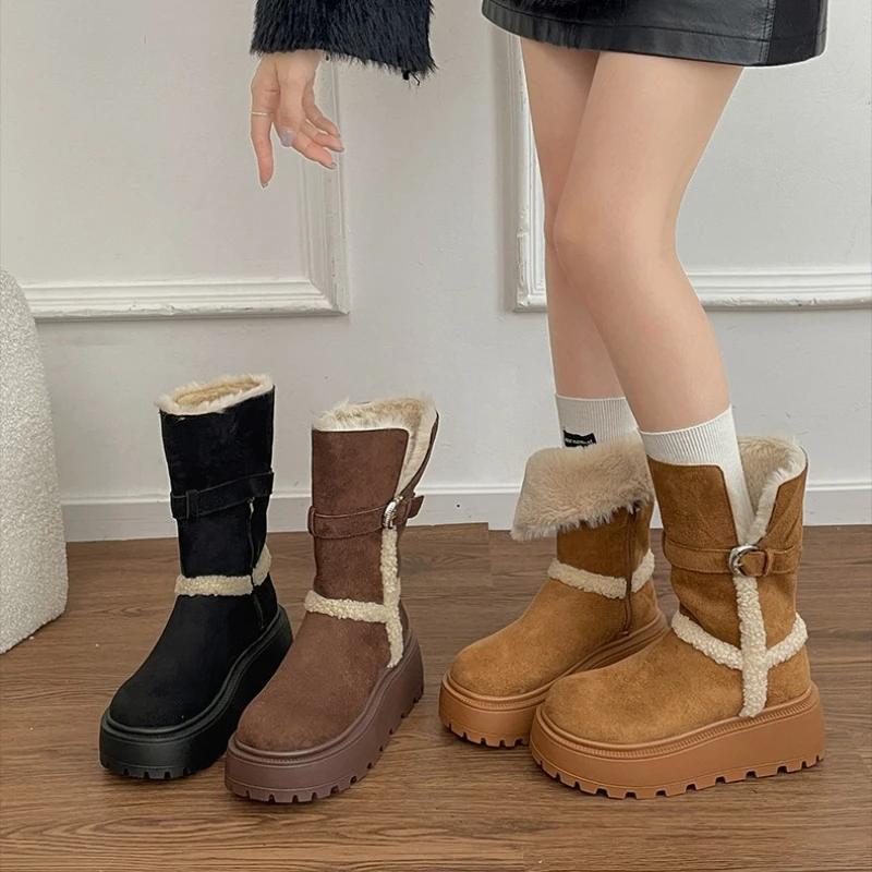 Winter Warm Cotton Women Fur Snow Boots Fashion Chunky Platform Flats Shoes Ladies Comfort Height Increase Short Booties Shoes