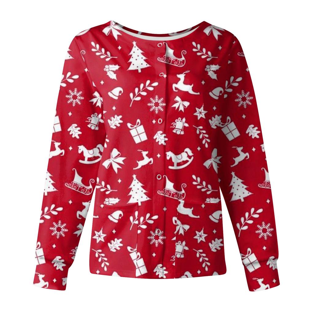 Top da donna a maniche lunghe con motivo, tasca da lavoro, colletto alla coreana, monopetto, giacca salopette protettiva, top di Natale