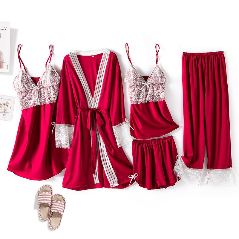 

Пижама женская весенняя ночная рубашка на подтяжках комплект из пяти предметов сексуальный V-образный вырез атлас кружево ночная рубашка интимное белье пижамы домашняя одежда M