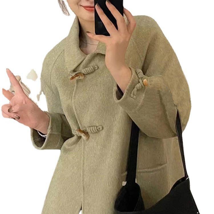 Autumn and winter new woolen coat women's horn buckle thickened high-end medium and long double-sided cashmere coat