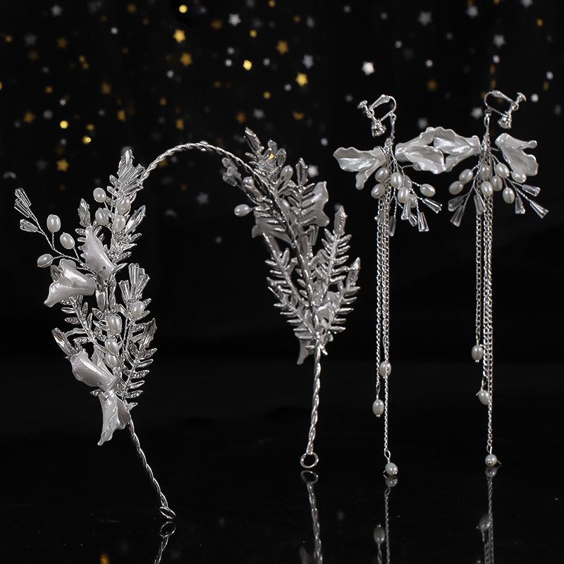 Tuanming Jewelry Diamond Pearl Headband & Earring Set for Brides