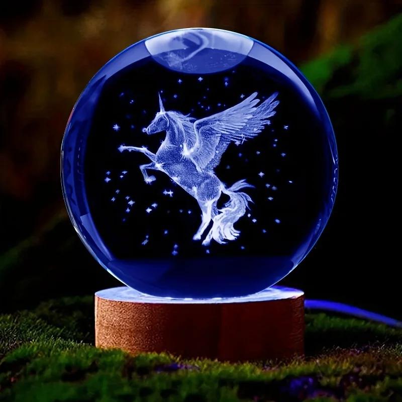 6CM Unicorn Crystal Ball Decorative Crystal Glass Ball Laser Internal Carving Colorful Light Base Ornament Valentine's Day Gift