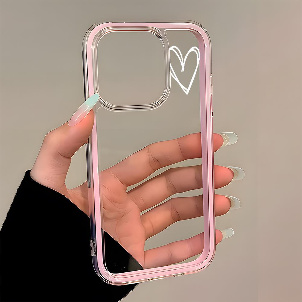Simple White Heart Pattern 2 in 1 Candy Color Clear Phone Case For iPhone 11 12 13 14 15 16 17 Pro Max Plus Air Silicone Cover