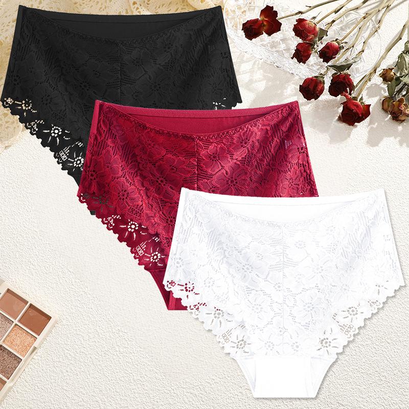 FINETOO 3Pcs Women Mid-Rise Lace Panties Sexy Solid Color Lace Trim Underwear Female Luxury Hollow Out Briefs Cozy Breathable Lingerie S