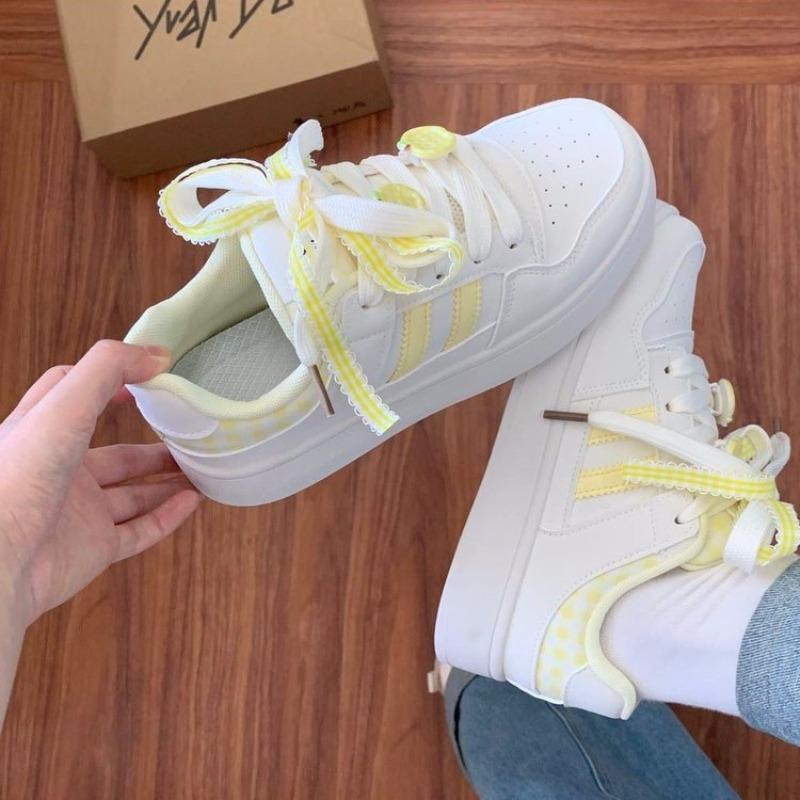 College Style Color Matching Platform White Shoes Women's Autumn New Leather Running Shoes Student Lace-up Board Shoes