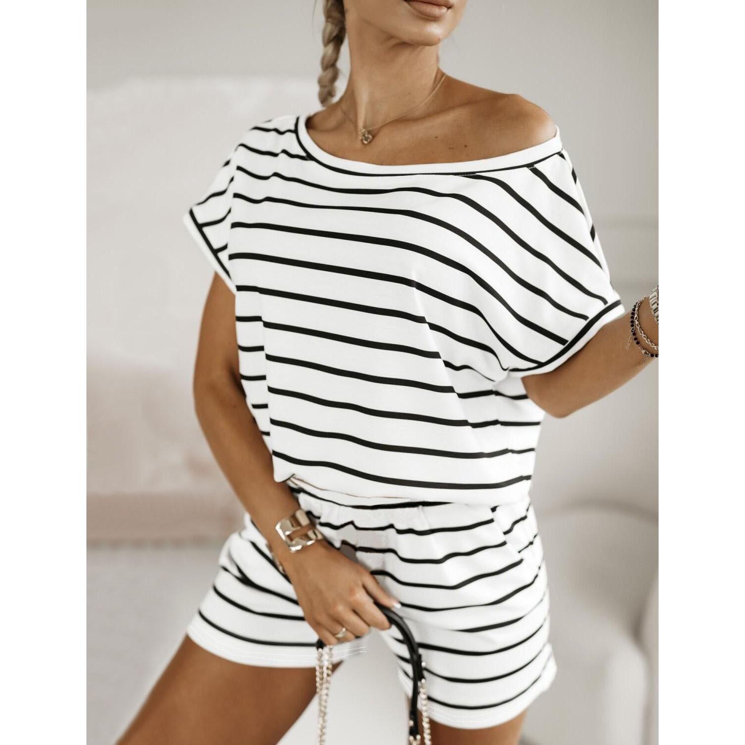 

Летний женский полосатый повседневный комплект из двух предметов 2024 года - Модный и универсальный европейский и американский стиль. XL белый