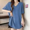Slimming V-Neck Short Sleeve T-Shirt for Women Mid-Length Casual Loose Fit Polyester Summer Top Cover Belly Versatile Shoulder