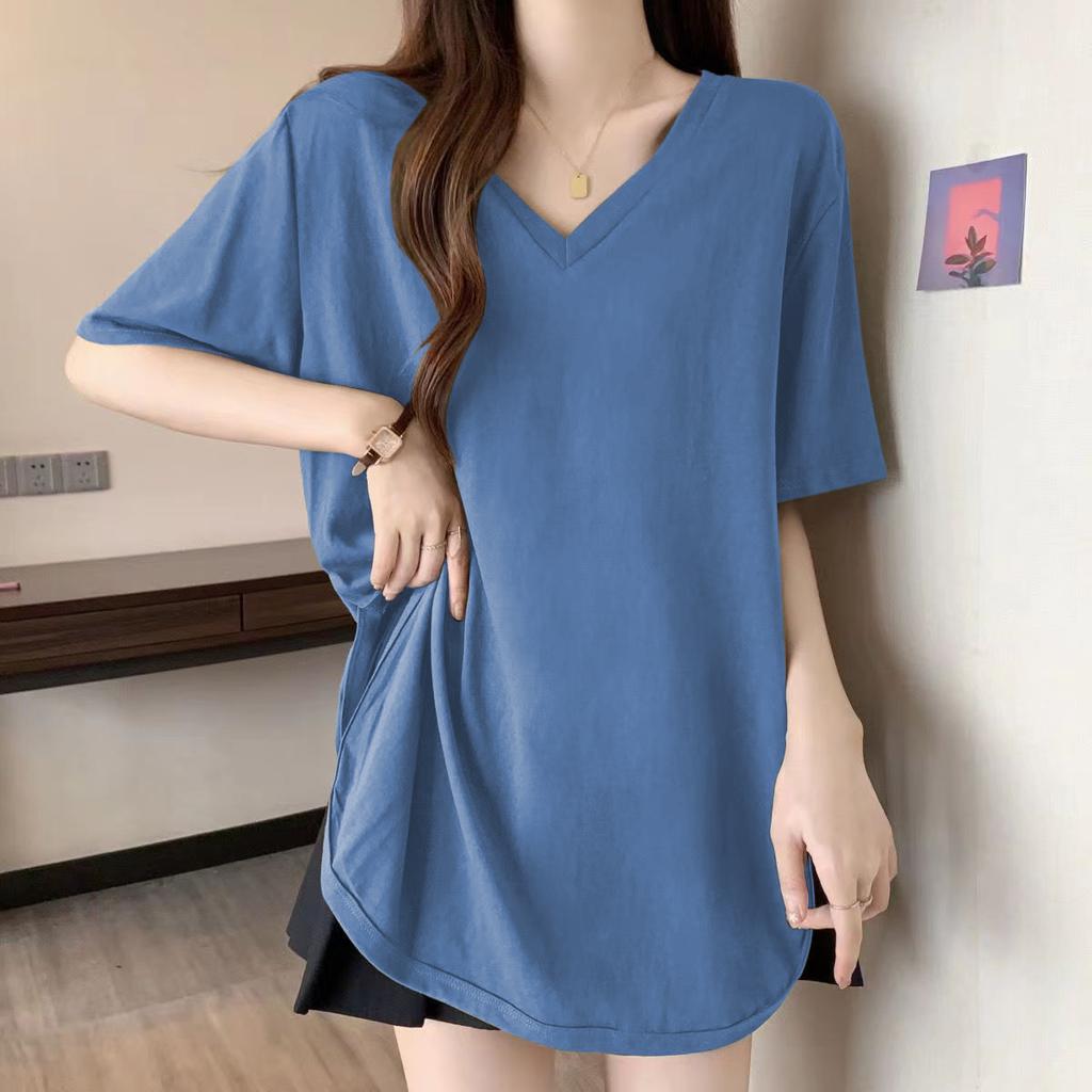 Slimming V-Neck Short Sleeve T-Shirt for Women Mid-Length Casual Loose Fit Polyester Summer Top Cover Belly Versatile Shoulder