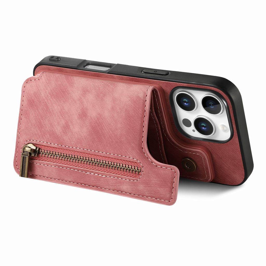 For iPhone 16 Pro Case with Zipper Card Holder Leather+TPU Phone Cover