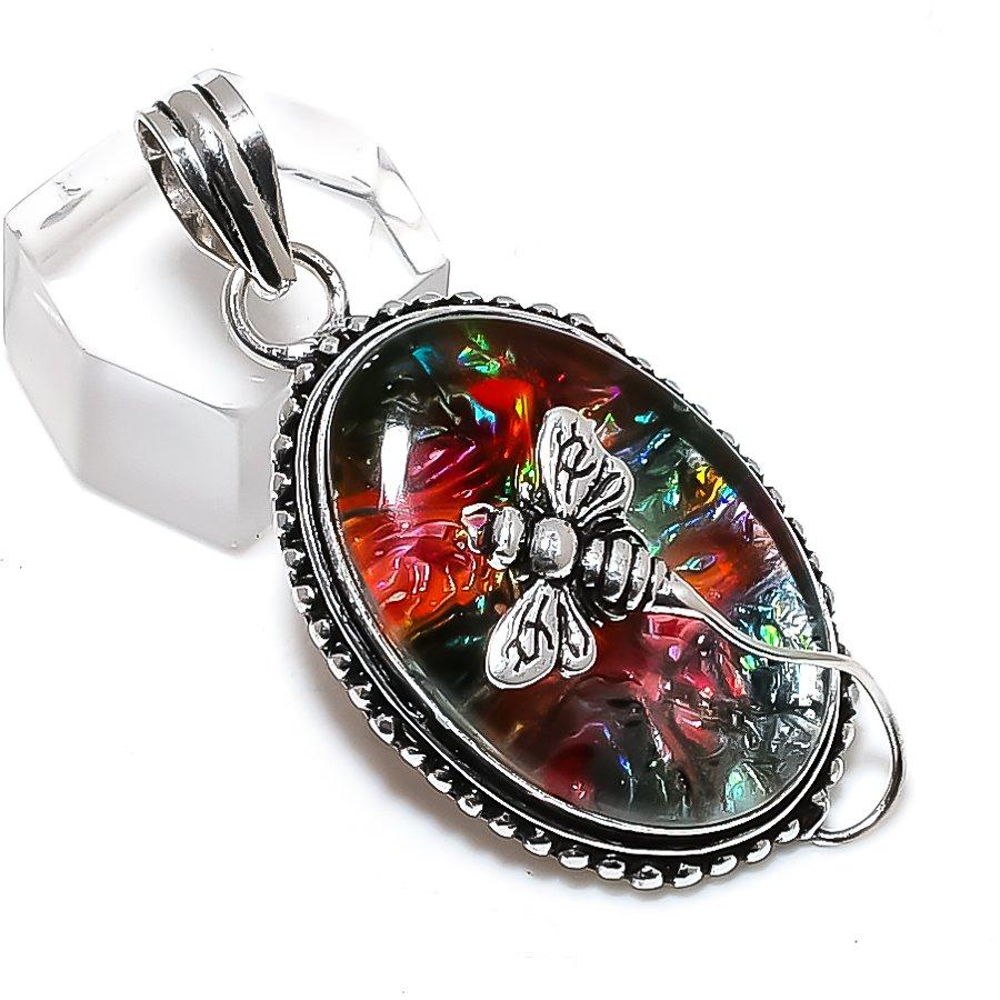 Naturalny Dicorich Kamień Szlachetny Szkło Ręcznie Robiony Srebro Próby 925 Wisiorek 1,97" W4p93