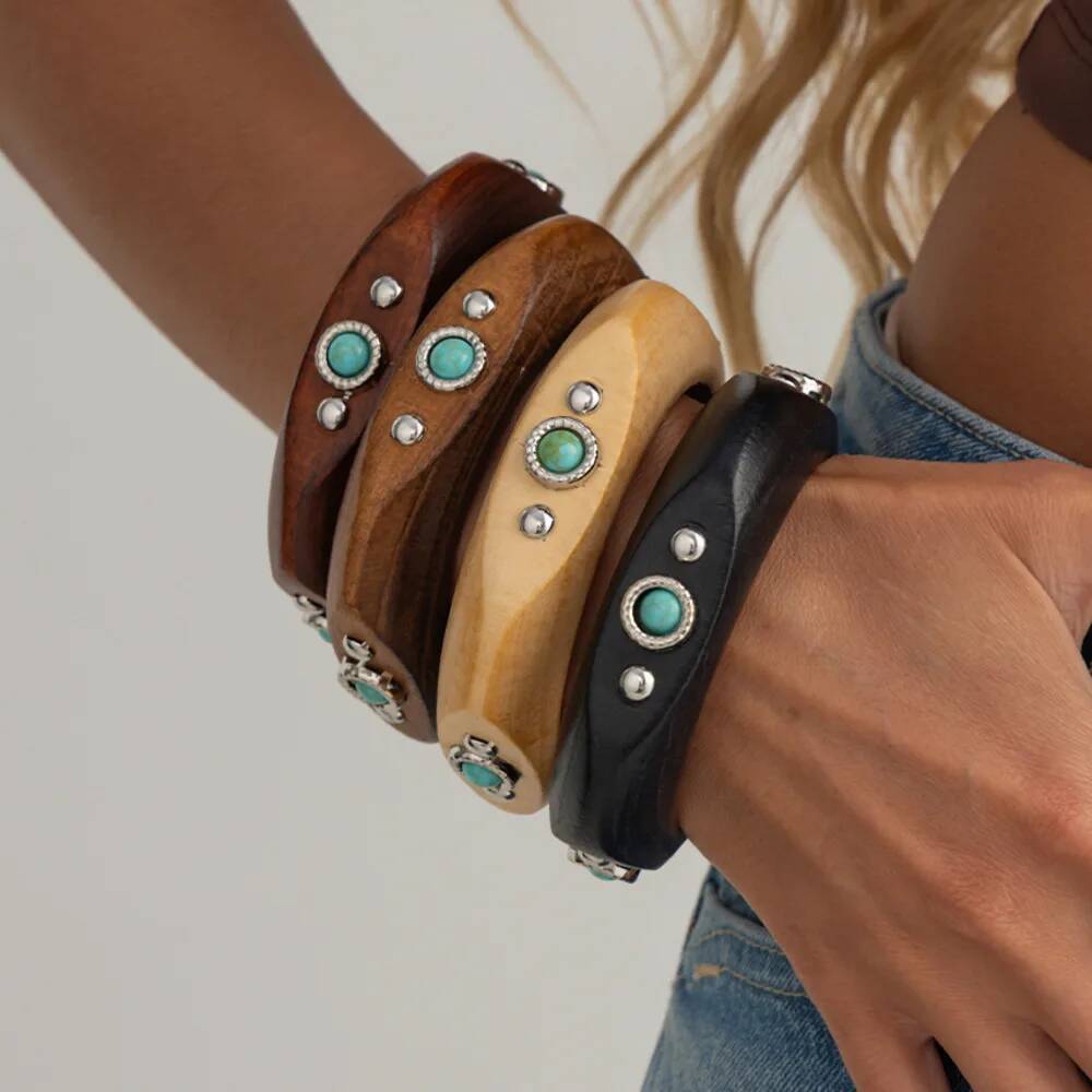 SHIXIN Vintage Exaggerated Irregular Inlaid Imitation Turquoise Geometric Wide Bangles Chunky Cuff Bracelets Jewelry for Women