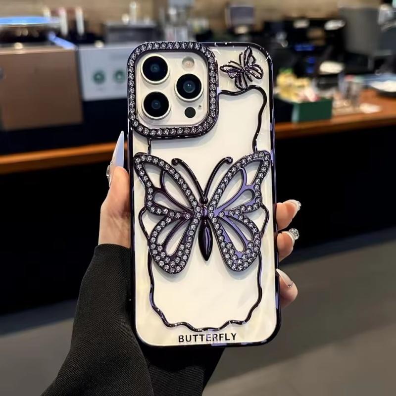 Transparent Butterfly Full Diamond Case for iPhone 17 Air 16 15 14 13 12 Pro Max Plus 17Pro Shiny Rhinestone Aesthetic Cover